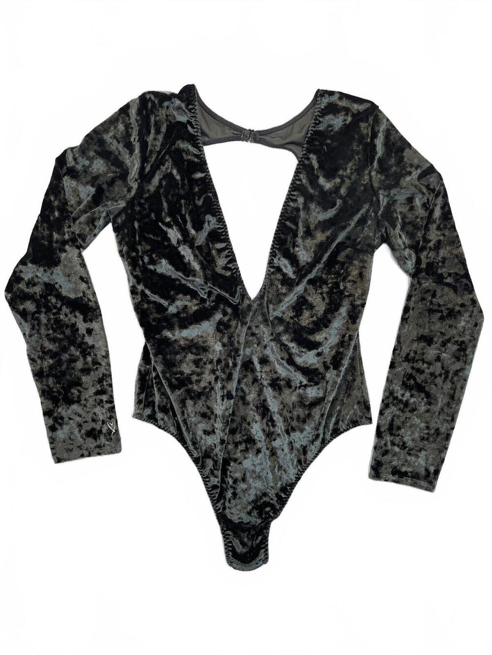 Victoria’s Secret Velvet Bodysuit Long Sleeve Deep V Neck Open Back Black